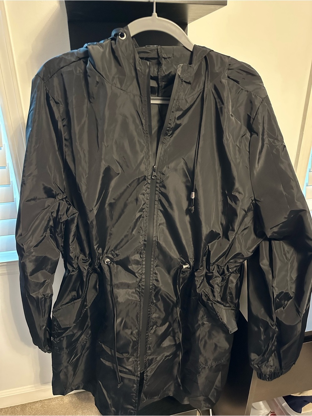 Women's Black Hooded Trench Coat with Drawcord Waist